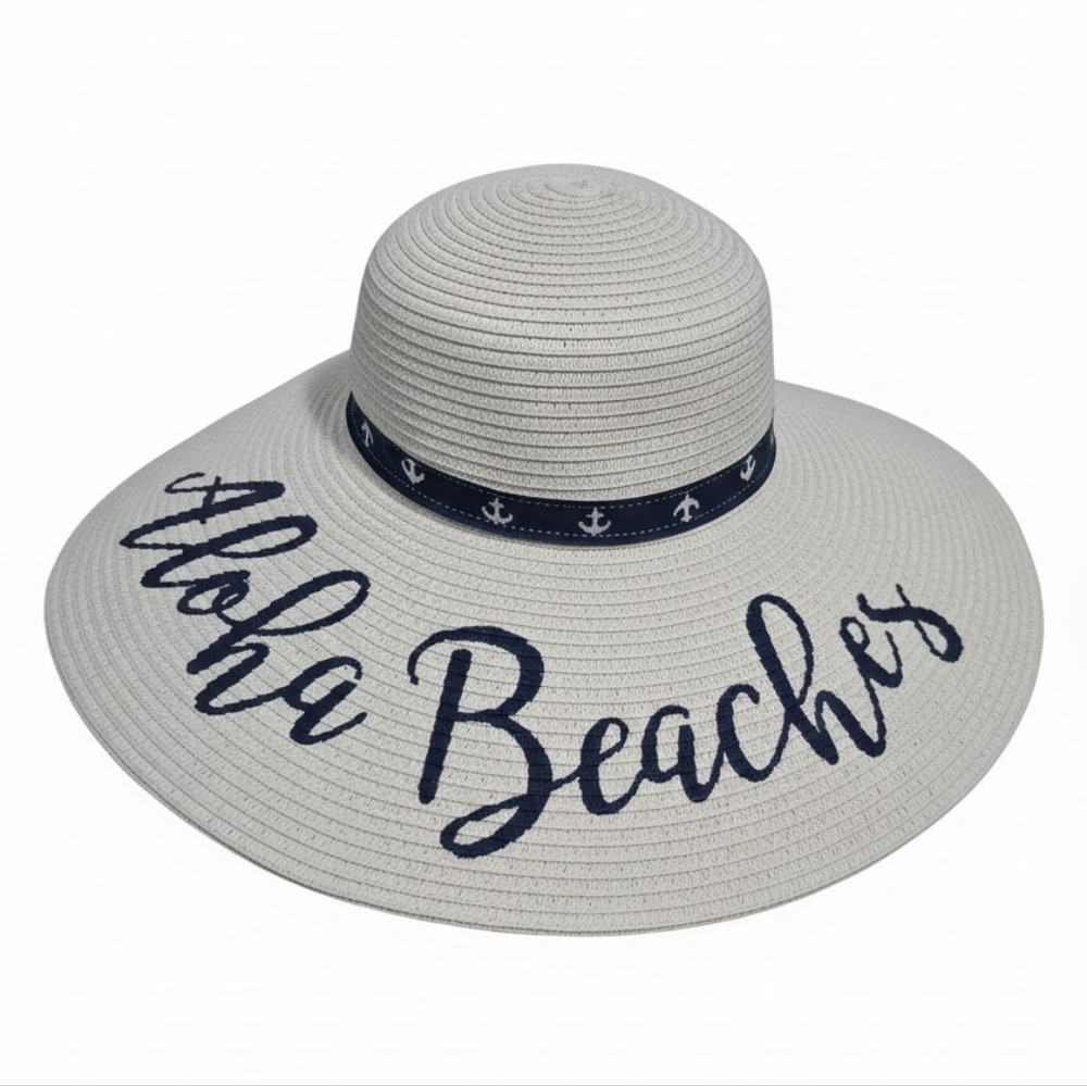 Coastalista Wide Brim Straw Sun Hat with Navy Script NWT OS